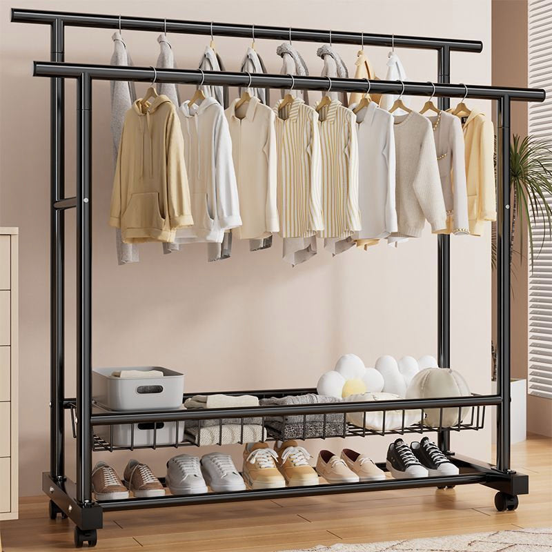 Black Double Bar Coat Rack – Freestanding Rolling Stand