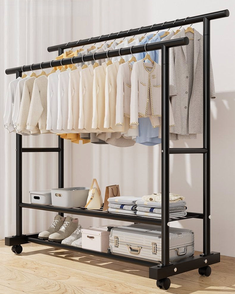 Black Double Bar Coat Rack – Freestanding Rolling Stand