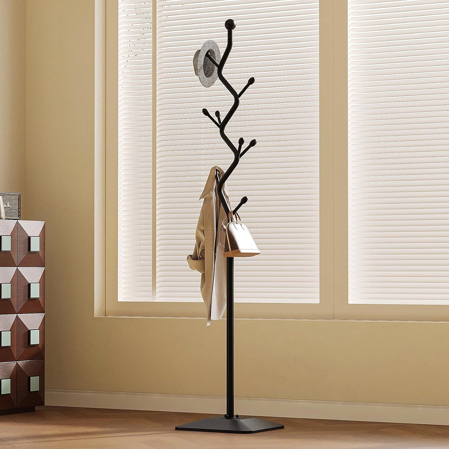 Black Tree Coat Rack – Metal Stand with Iron Base