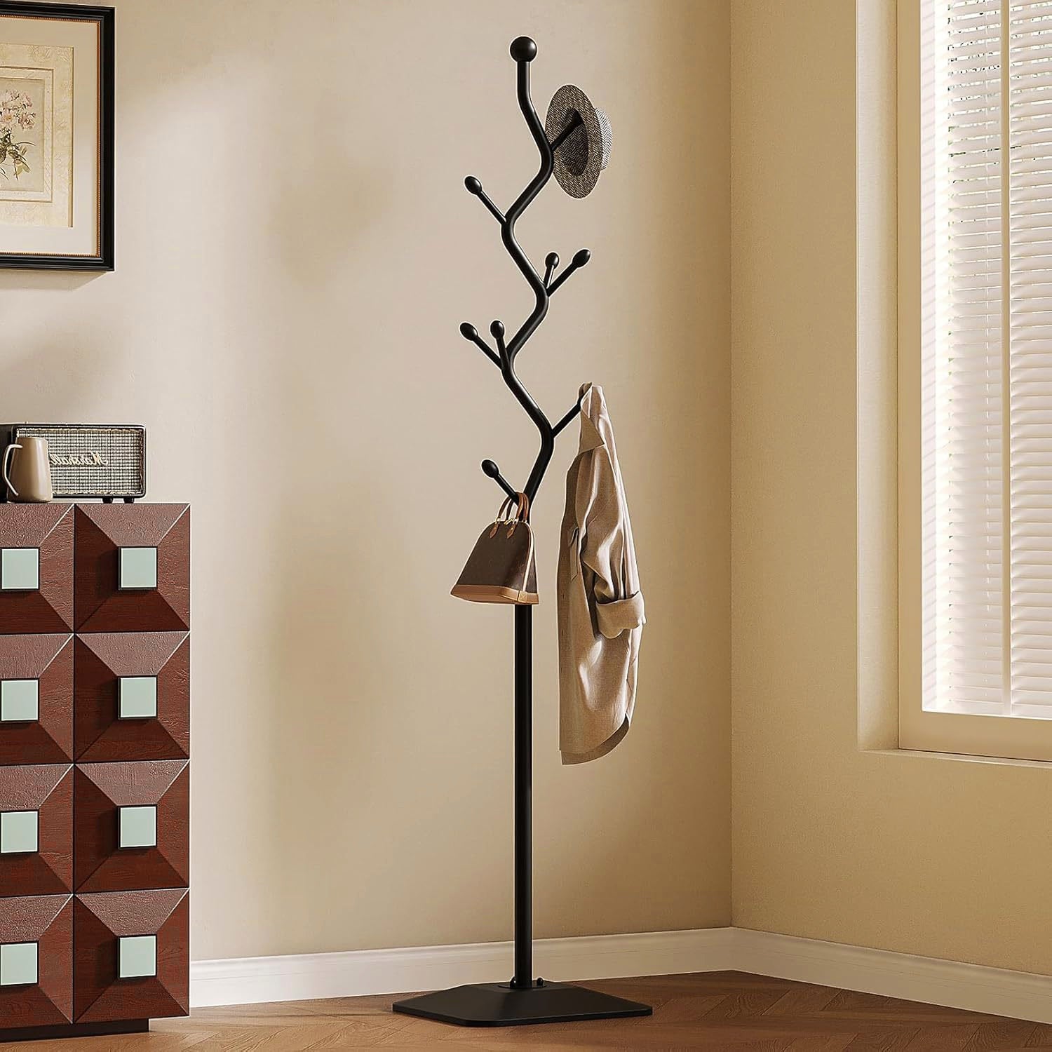 Black Tree Coat Rack – Metal Stand with Iron Base